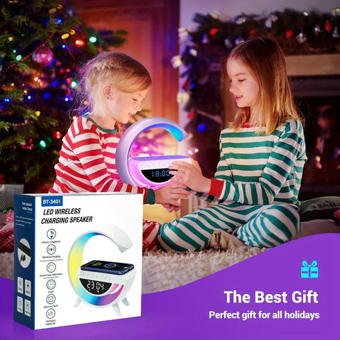 Lampa Smart LED RGB si Incarcator Wireless 15W, Lumini Ambientale, Sincronizare muzicala, Difuzor 5W, Muzica Bluetooth, USB, FM Radio, MicroSD, AUX, Afisaj Ceas Digital, Alarma, Alb